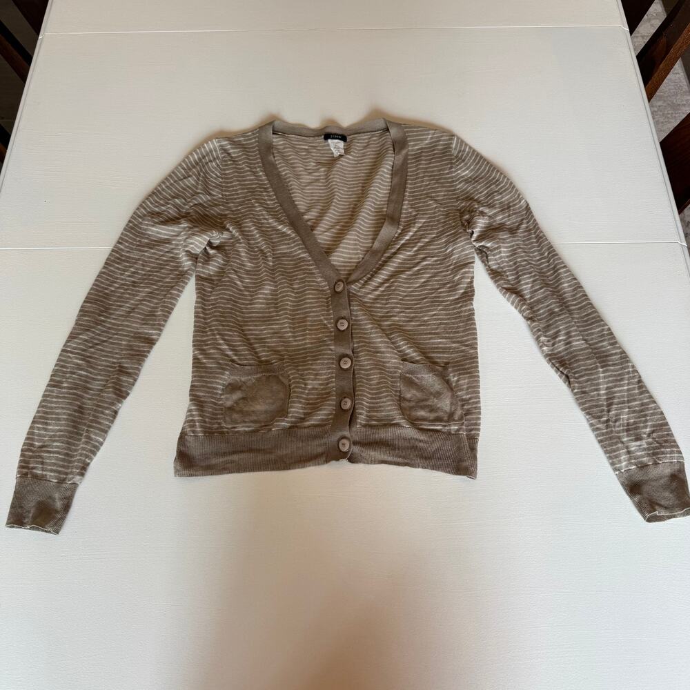 J. Crew Women's Linen Cotton Blend Beige Striped Cardigan Size Small Lightweight
